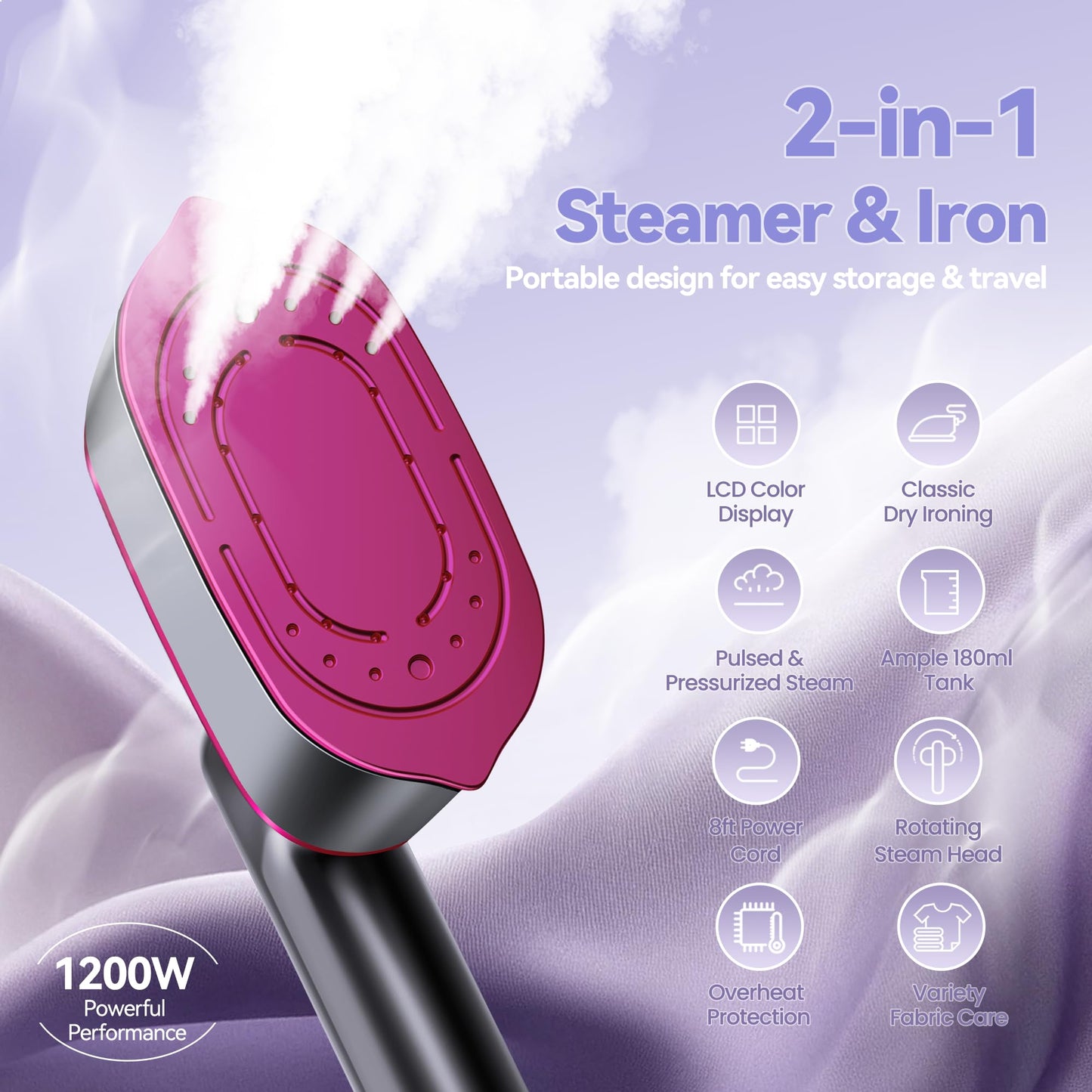 Travel Steamer for Clothes, 2-in-1 Clothes Steamer Handheld & 4 Modes LCD Display Portable Steam Iron, Hand Steamer for Clothes 1200W 15S Fast Heat-up 180ml Tank for 20Min Garment Steamer, 100-120V