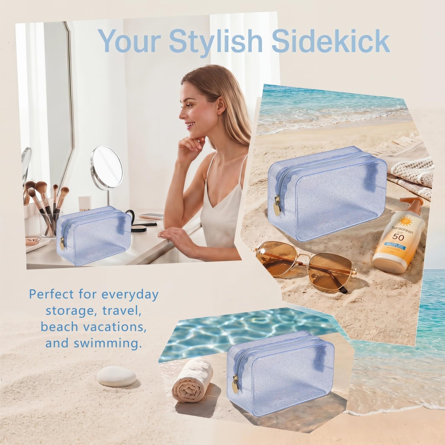 RSRSLEII Stardust Twinkle Jelly Travel Makeup & Toiletry Bag, Waterproof PVC Cosmetic Bag/Case for Women，Zipper SPF Beach Bag for Sunscreen Skincare and Daily Essentials (08Silver)