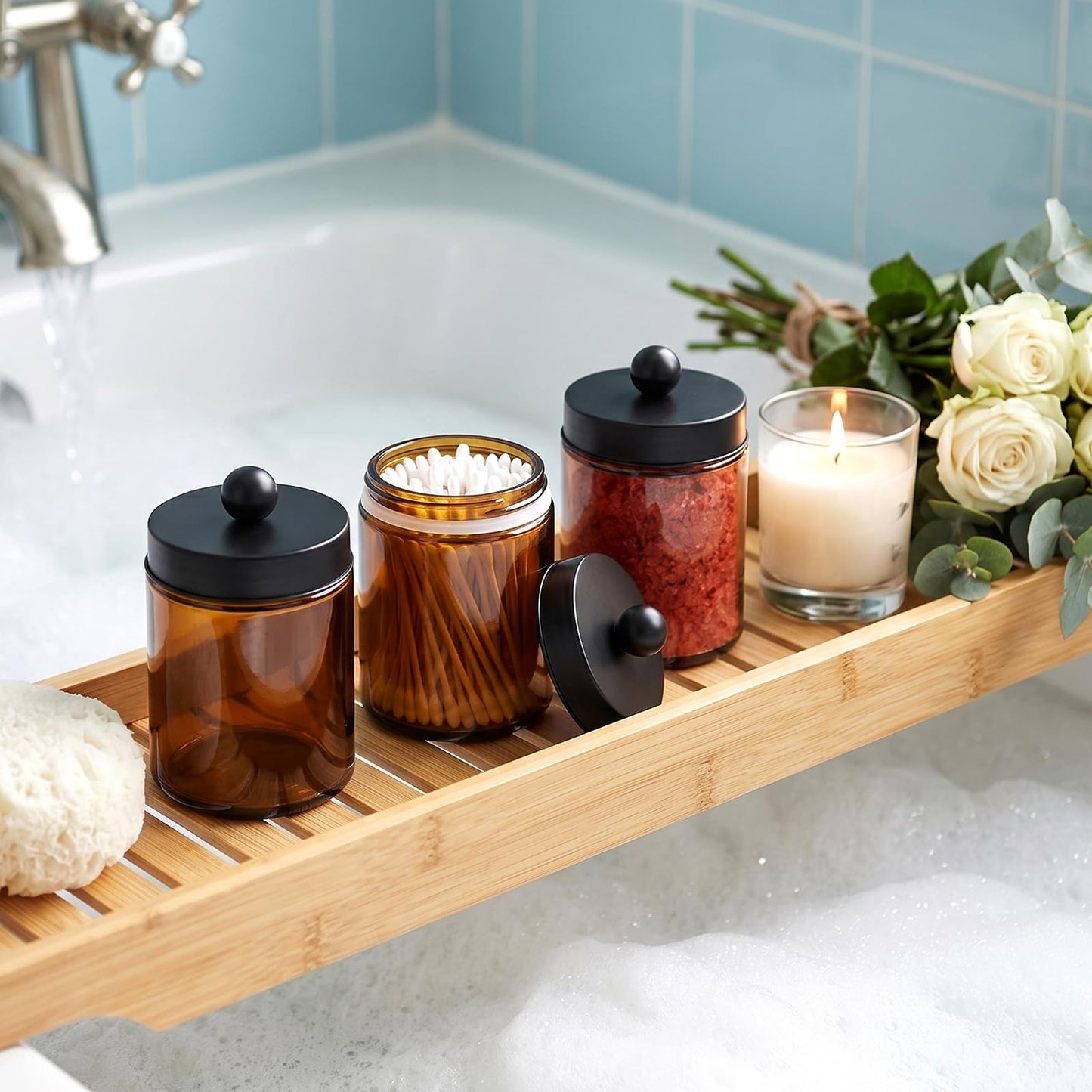 Accguan Amber Apothecary Jars Bathroom Vanity Storage Organizer Set, 6 Pack with Black Stainless Steel Lids and Labels, Qtip Dispenser Holder for Cotton Swabs, Cotton Balls, Makeup Sponges