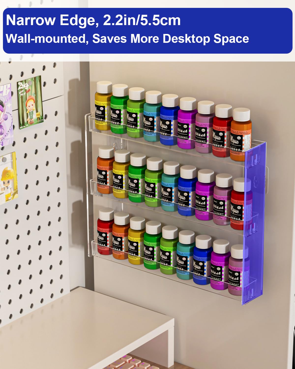 Cocheetah 3 Tier Display Rack, Clear Paint Rack Wall-Mount (No Drill), Acrylic Craft Paint Storage Organizer, Miniature Holder for 2oz Bottle, Nail Polish Organizer, Badges, Mini Figures (1)