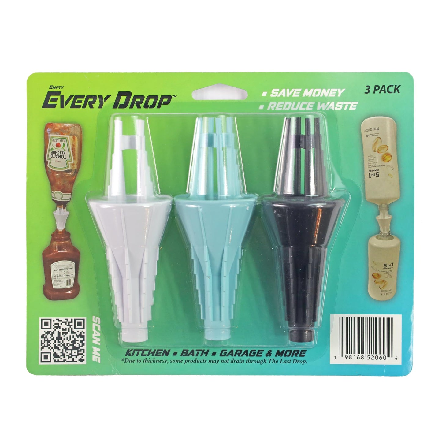 JCK Innovations Every Drop 3 Pack Universal Bottle Emptying Kit Transfer Connector for Soap, Lotion, Shampoo, Conditioner, and Kitchen Condiments, Mess Free Leak Proof Funnel Coupler
