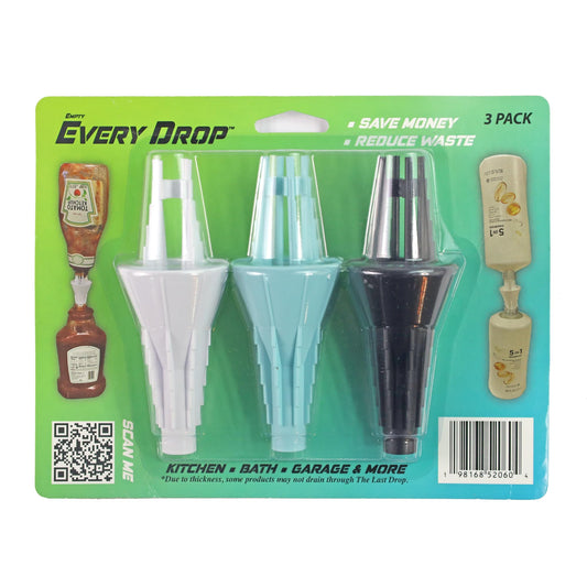 JCK Innovations Every Drop 3 Pack Universal Bottle Emptying Kit Transfer Connector for Soap, Lotion, Shampoo, Conditioner, and Kitchen Condiments, Mess Free Leak Proof Funnel Coupler