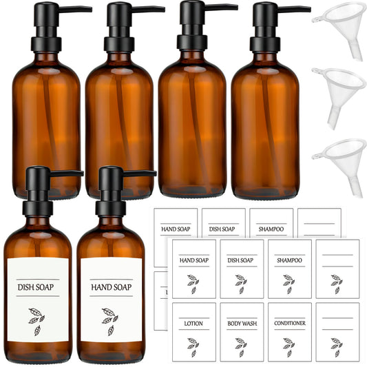 Maxcheck 6 Pack 16 oz Amber Glass Soap Dispenser Bathroom Hand Soap Dispenser with Pump with 16 Pcs Waterproof Labels Funnel Dish Liquid Bottle for Kitchen Bathroom(Plastic)