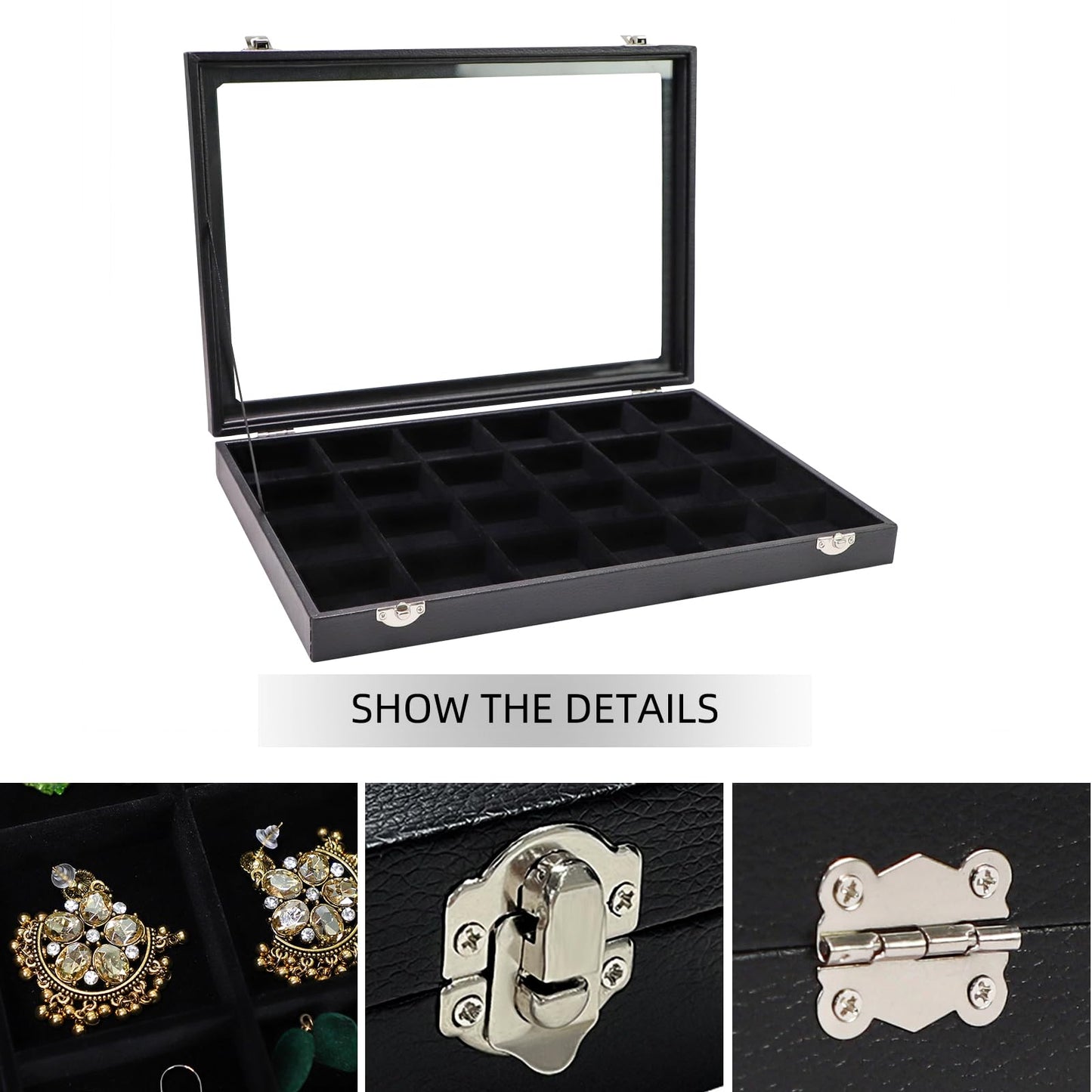 Wudygirl Earring Organizer 24 Grid Jewelry Organizer with Glass Lid Adjustable Jewelry Box Jewelry Display for Rings Necklace Bracelet Earrings Storage（Black 24 Grid）
