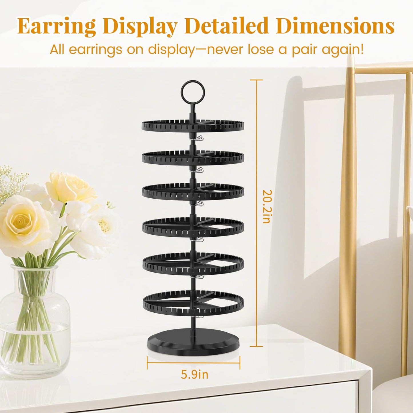 EsLuker.ly Earring Holder Organizer Rotating Stud Display Tree Rack with 342 U-Slots for Women Girls, Large Adjustable 6 Tier Plastic Storage Stand with Metal Tray for Pierced Hoop Post Earring, Black