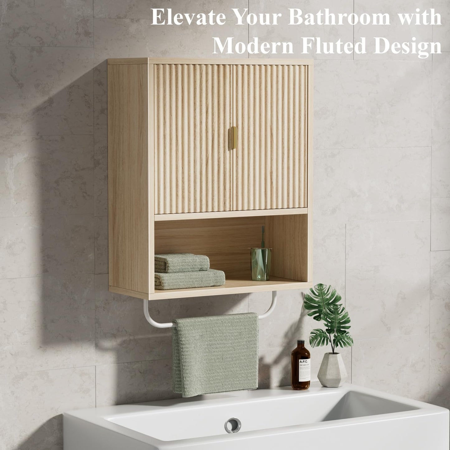 Bathroom Wall Cabinet No Mirror – Fluted Wood Medicine Cabinet with Towel Bar, Surface Mount Storage Organizer Over Toilet, Rustic Farmhouse Hanging Cupboard with Doors for Over Sink (Natural Oak)