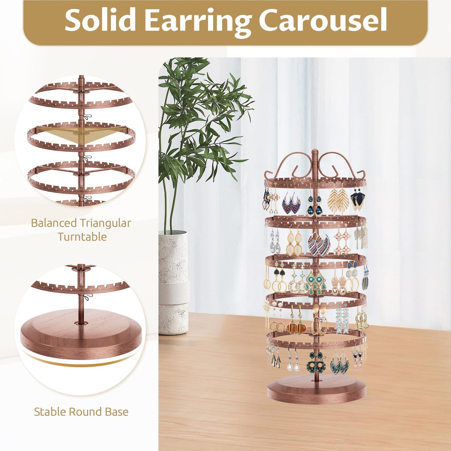 LASZOLA 5 Tier Bronze Earring Holder Organizer Tree Women Display Storage for Stud and Hoop, Large Cool Rotating Clip Stand for Pierced and Dangle Earring, Vertical Metal Tower Carousel with 400 Holes