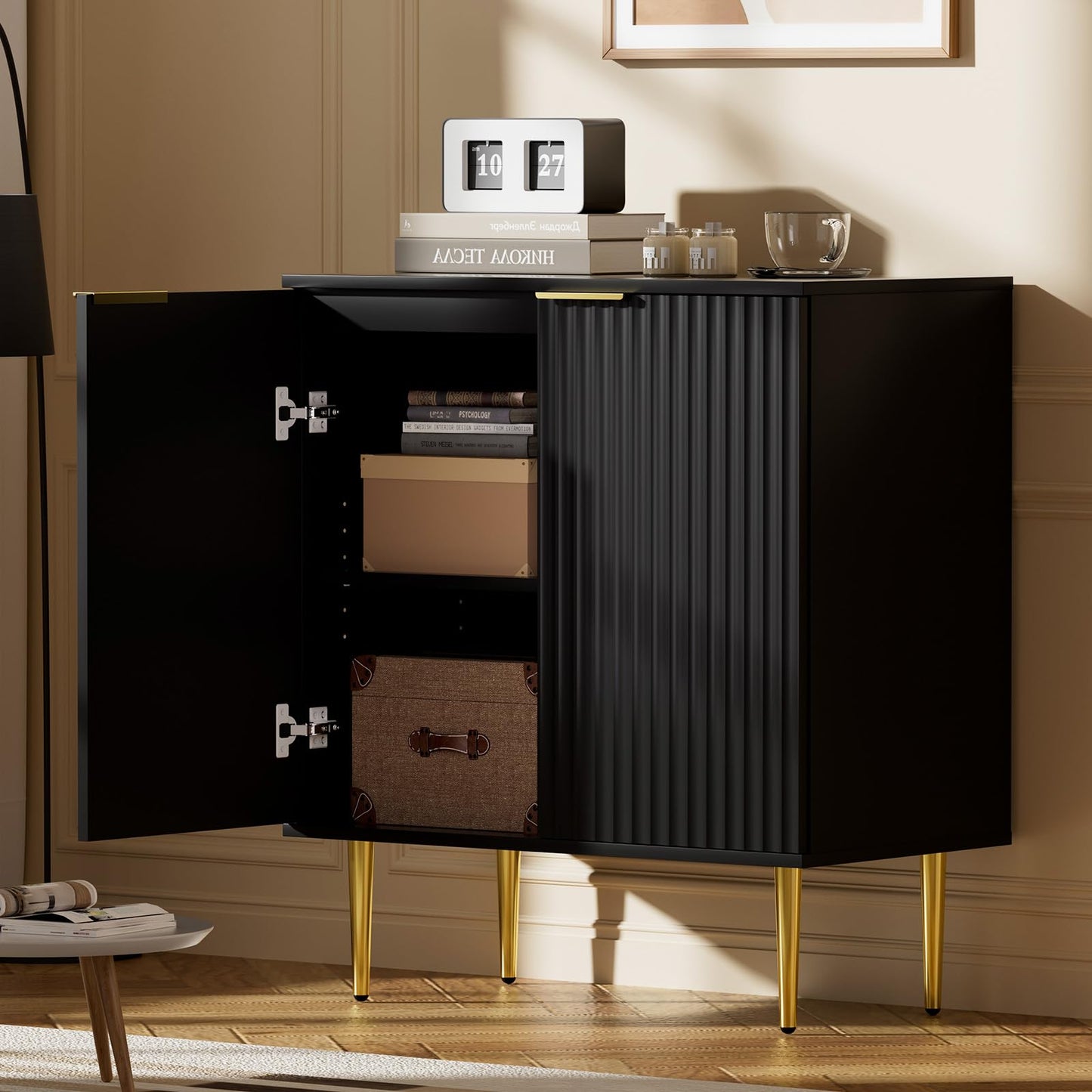 EOYUTLLY Black Fluted Storage Cabinet,Wood Sideboard Buffet Cabinet with Adjustable Shelf, Fluted Accent Cabinet with Gold Metal Legs, Console Table for Living Room,Dining Room,Kitchen