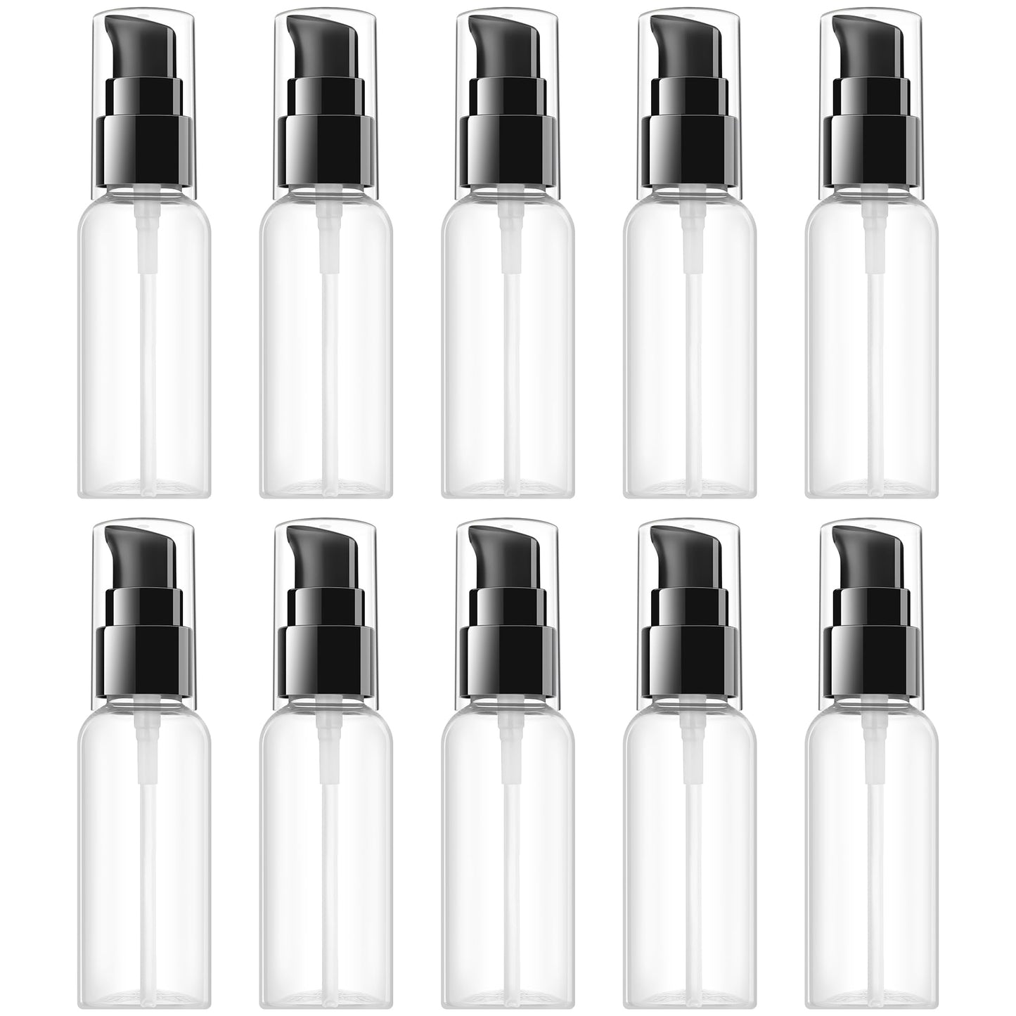 VIDELLY 10 Pieces Travel Pump Bottles for Toiletries 2oz Small Pump Bottles Clear Travel Bottle Plastic Empty Spray Bottle Dispenser With Black Cap For Lotion Cream Essential Oil(50ml,Clear)