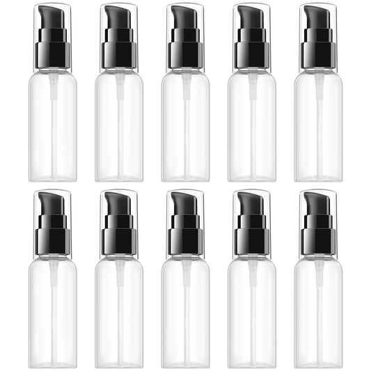 VIDELLY 10 Pieces Travel Pump Bottles for Toiletries 2oz Small Pump Bottles Clear Travel Bottle Plastic Empty Spray Bottle Dispenser With Black Cap For Lotion Cream Essential Oil(50ml,Clear)