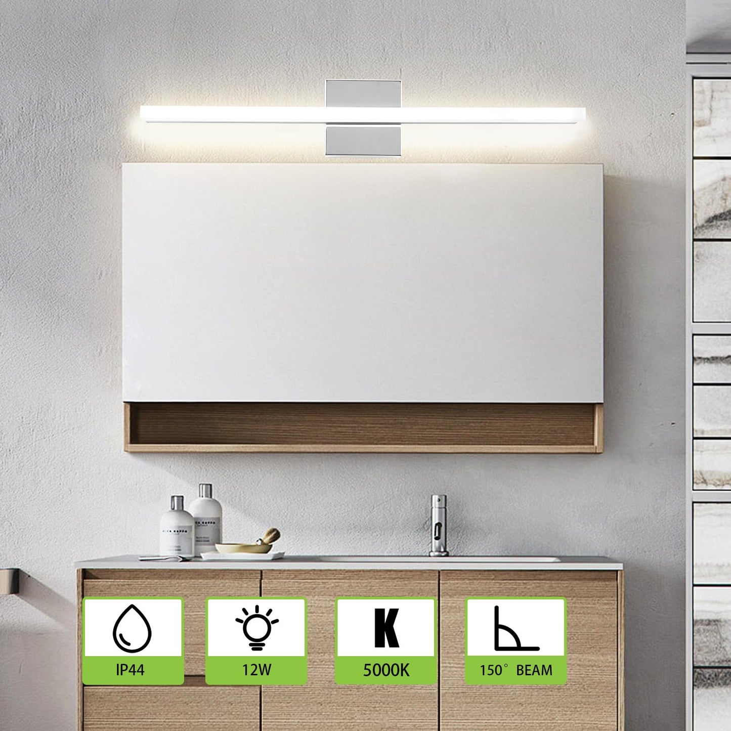 Amansour LED Bathroom Vanity Light 16inch Over Mirror Lighting Fixture Modern Indoor Chrome 10W 5000K Cool White Wall Sconce for Bathroom Bedroom Living Room