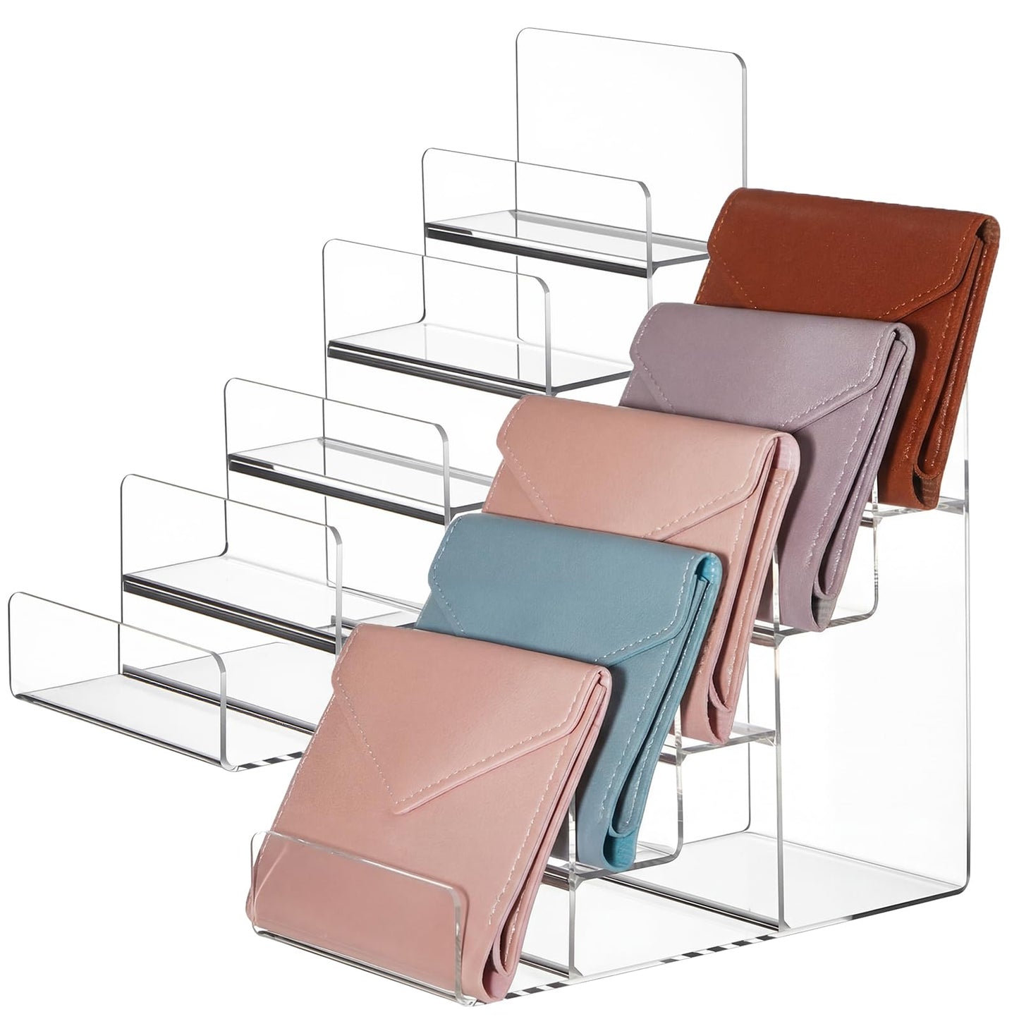 Kathfly 2 Pack 5-tier Acrylic Display Stand for Purses & Wallets, Clear Riser Organizer Shelf for Perfume, Sunglasses, Cosmetics, Tiered Countertop Vendor Display for Fairs, Retail
