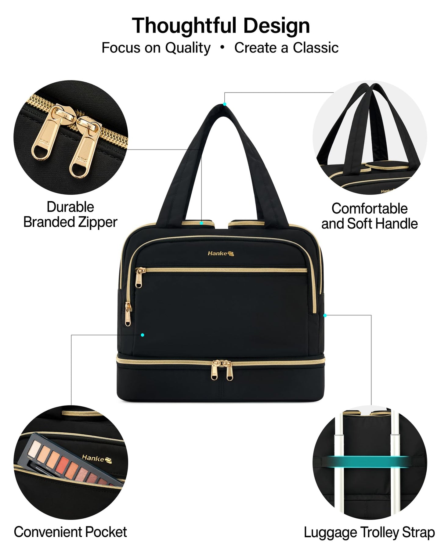 Hanke Travel Toiletry Bag, Lightweight Wide-open Large Toiletry Bags for Women, Dual-Layer Makeup Bag Water-Resistant Cosmetic Travel Bag with Handle for Accessories, Essentials, Black