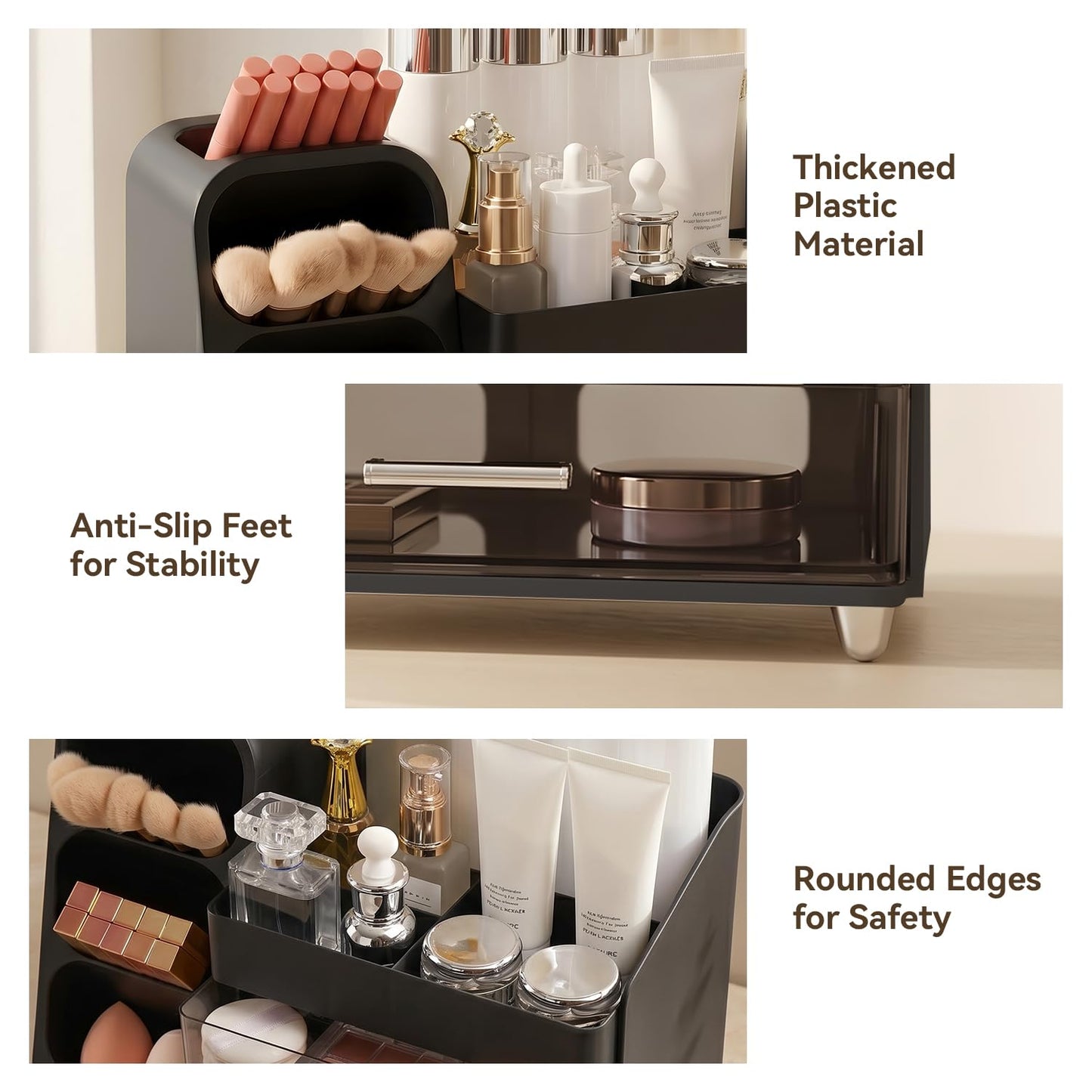 Brothersbox Makeup Organizer with Brush Holder for Vanity, Large Countertop Skincare Storage with 2 Drawers, Holds Lipsticks, Nail Polishes, Perfumes, Brushes - Gift for Women, Black