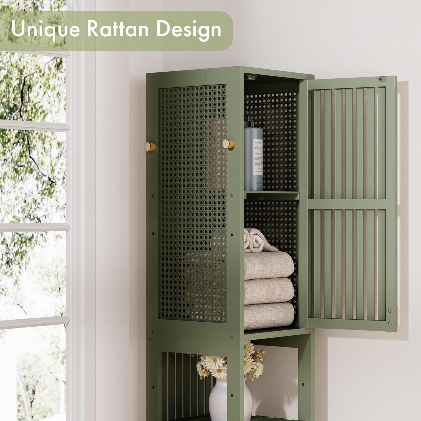 Amazer Tall Bathroom Storage Cabinet 70'', Freestanding Cabinet Storage with Rattan Door and Adjustable Shelves, Bamboo Narrow Storage Cabinet Organizer for Living Room Kitchen, Forest Green