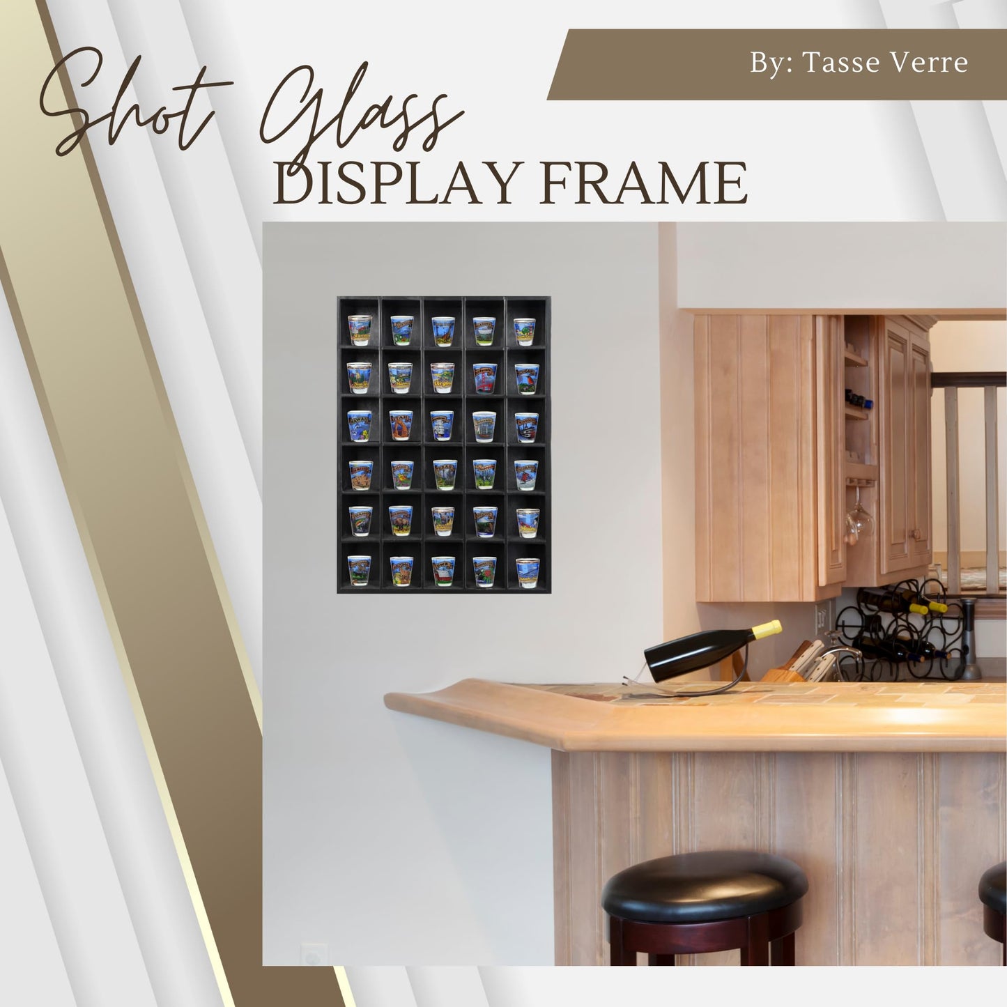 Tasse Verre 30 Shot Glass Shelf Display Case (1-Pack) - Large Wooden Collectibles Rack - Wall Mounted Black Bar Shadow Box Minifigure Storage, 16.7x12.2”