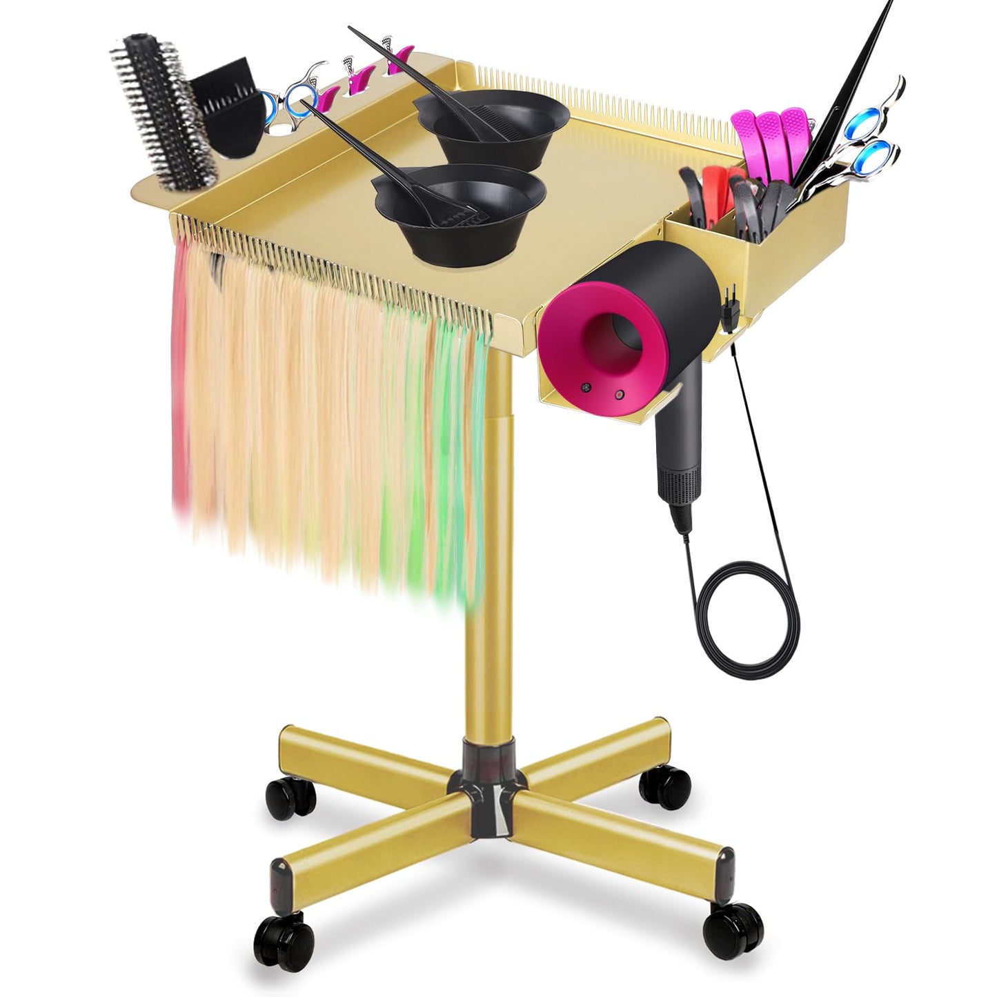Salon Señor Multi-Function Salon Tray,Extension Hair Cart,Hairstylist Rolling Cart with Storage Platform and Hair Separator Stand,Gold
