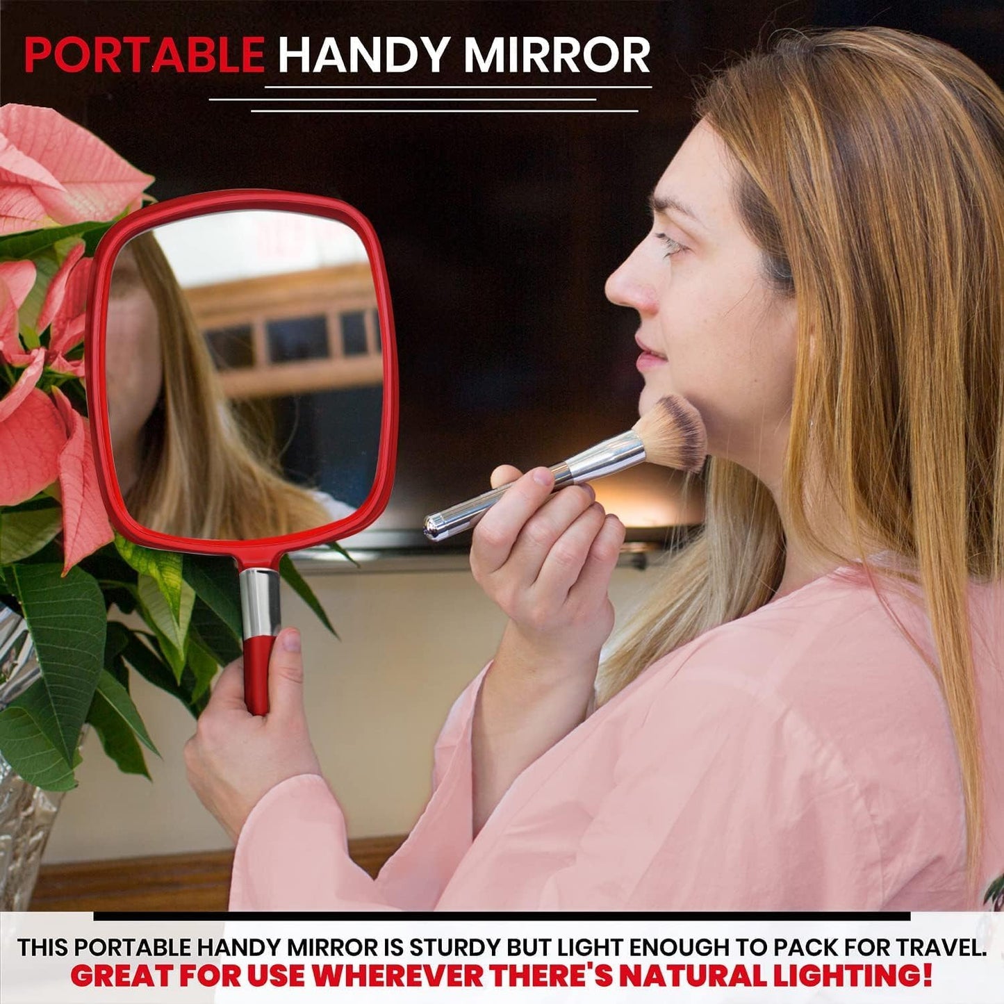 MIRRORVANA Professional Large & Comfy Hand Mirror with Ergonomic Handle for Women - Premium Sparkling Red Model (1-Pack)