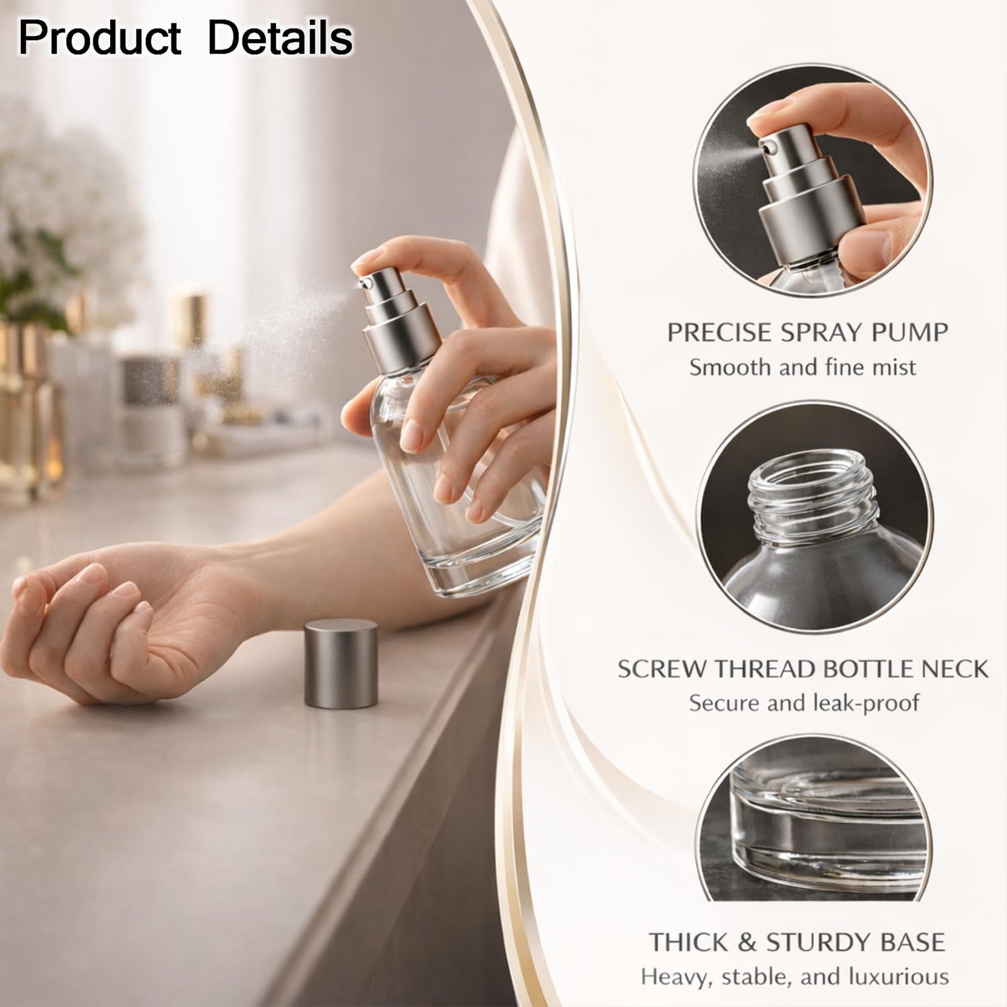 ROHIJALE 50ml/1.7oz Clear Glass Spray Bottles 4 Pack, Refillable Fine Mist Perfume Bottles with Silver Caps, Empty Atomizer Spray Bottle for Essential Oils, Travel Cosmetic Container,Facial Mist
