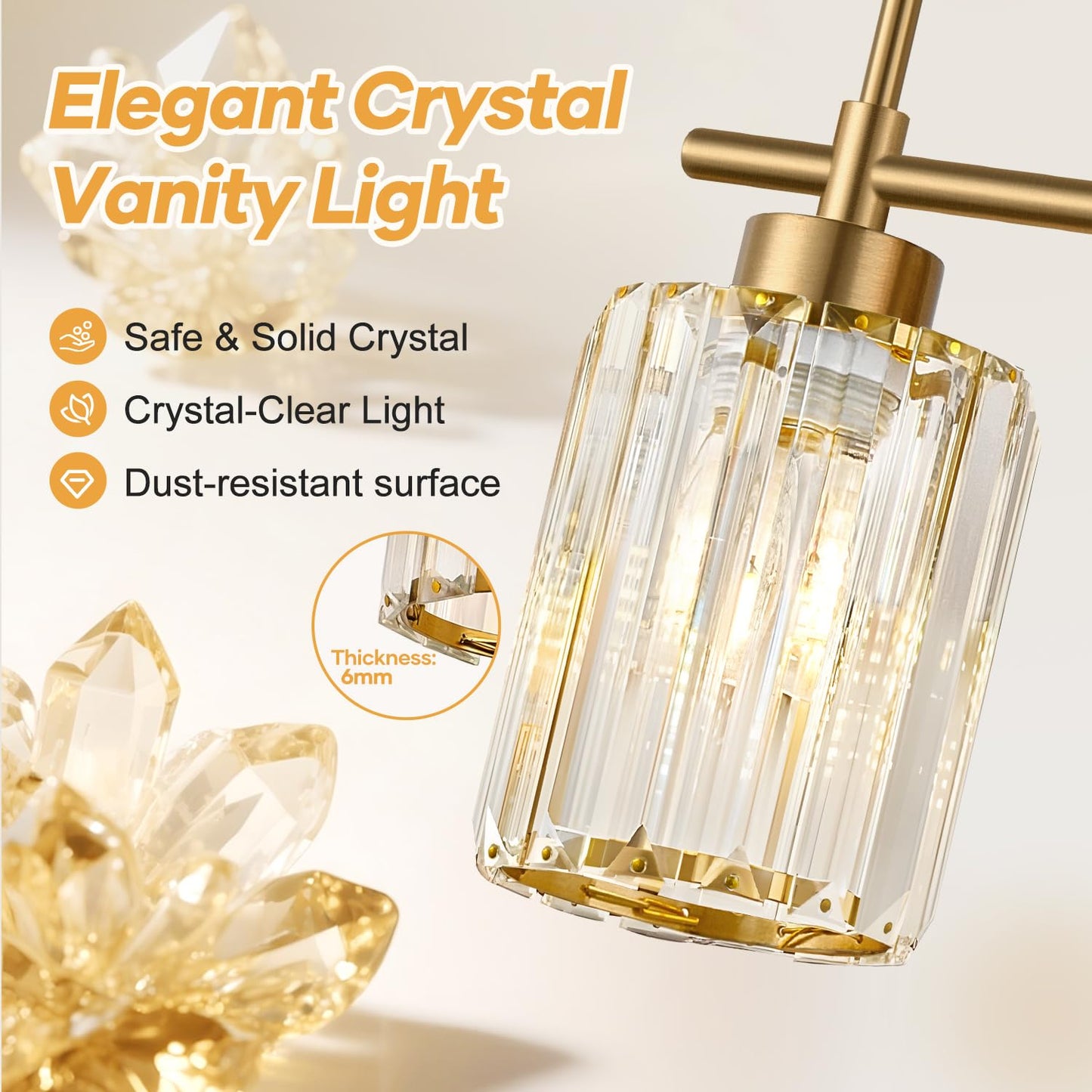 Meybiok Modern Crystal Bathroom Vanity Light, 3-Light Brushed Gold Bathroom Light Fixtures with Clear Shades, Vanity Lighting Fixtures Over Mirror (Exclude Bulb)