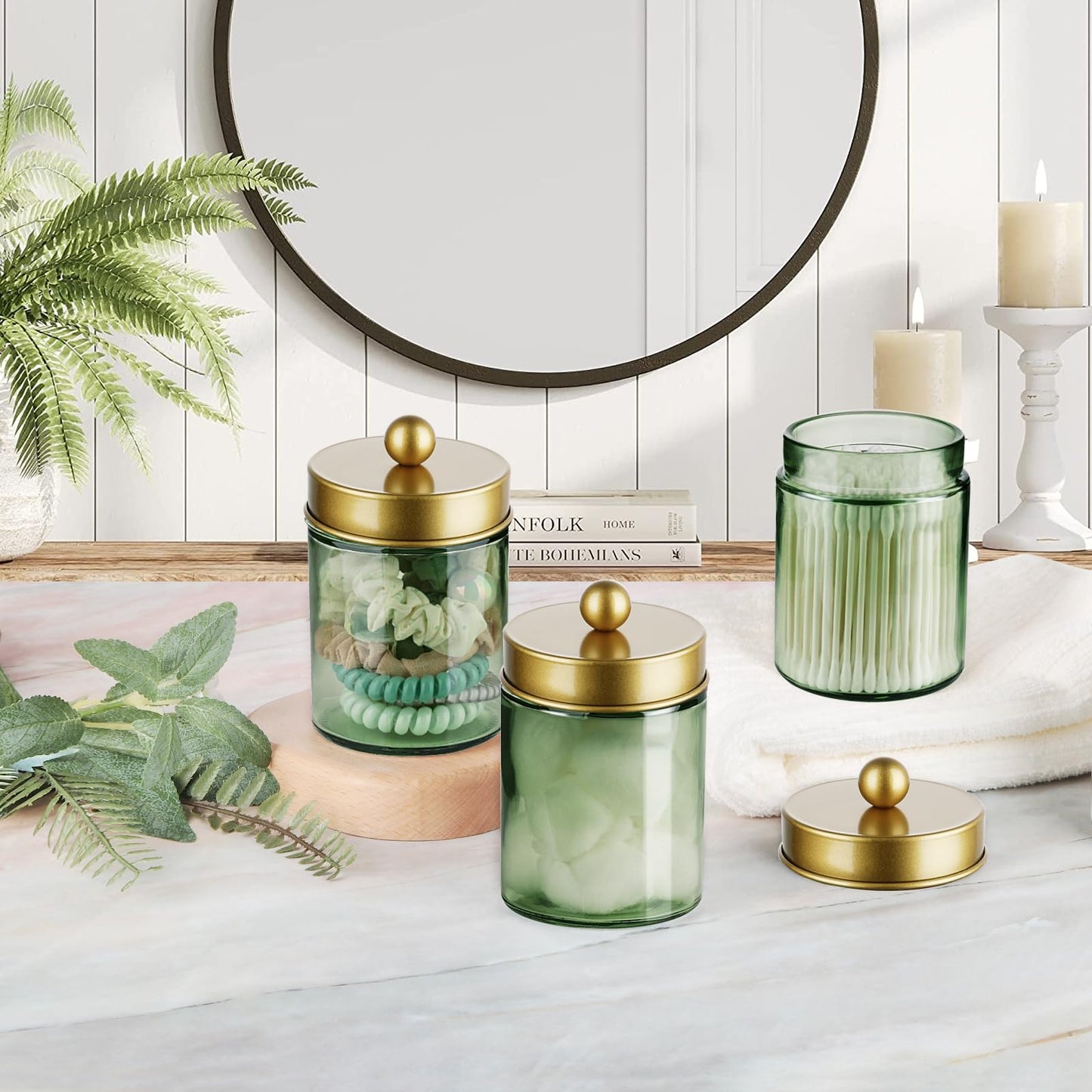 3 Pack Apothecary Jar Canisters Bathroom Vanity Organizer - Qtip Holder Storage Organizer Set Countertop Canister with Stainless Steel Lids &Cute Stickers for Qtips,Cotton Swabs,Makeup Sponges,Floss