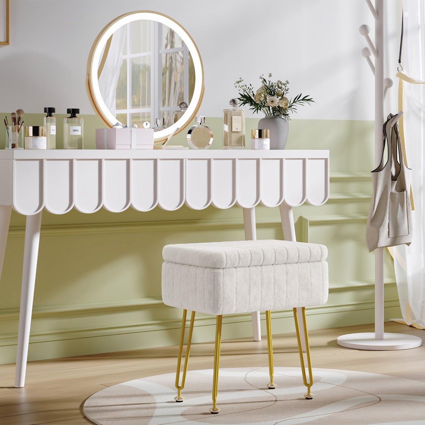 Somdot Vanity Stool Chair with Storage, Cute Furry Padded Seat, Makeup Stool, Footrest Footstool Ottoman, Metal Legs, Adjustable Feet for Living Room, Bedroom, Makeup Room, White