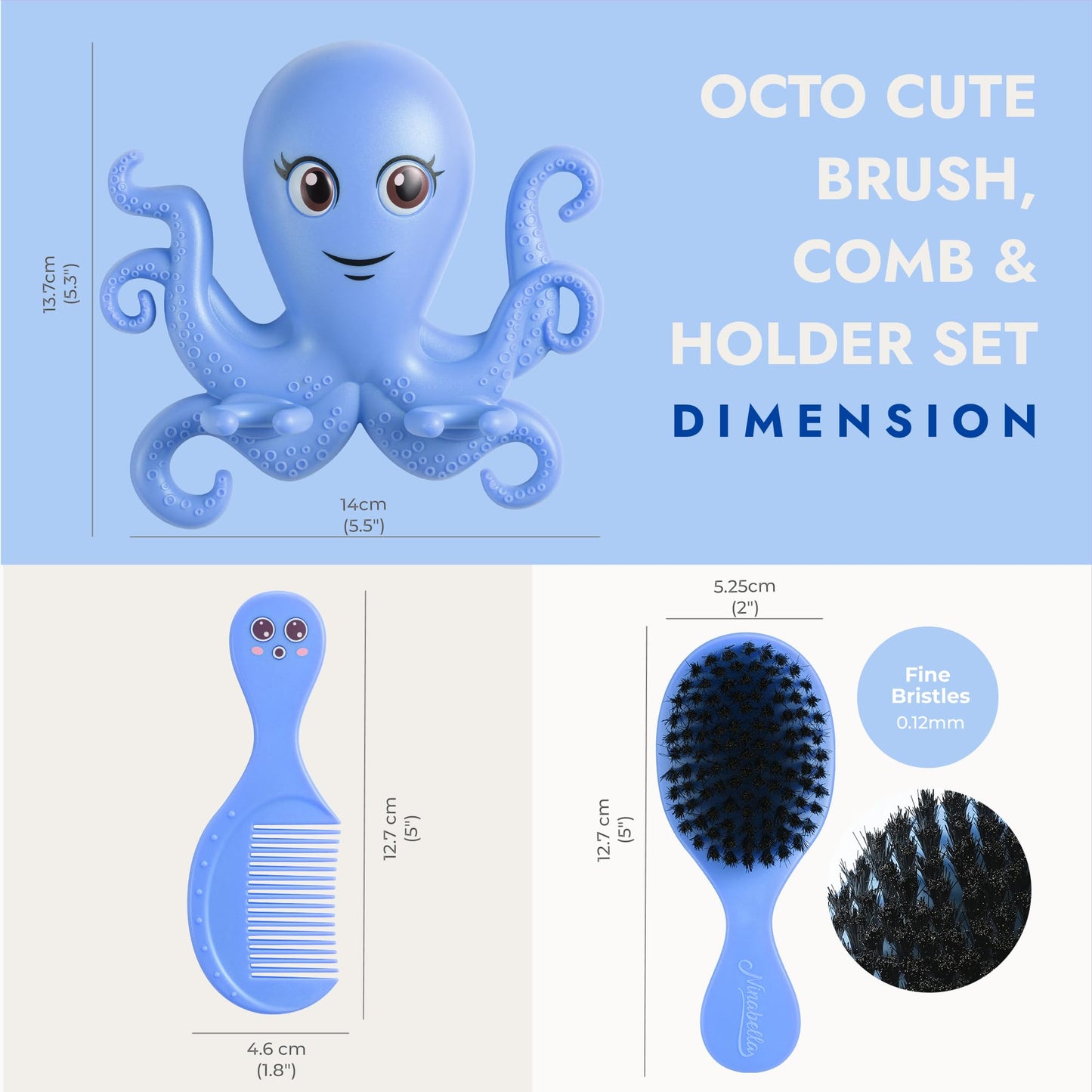 Ninabella Octo Baby Hair Brush with Comb for Newborn - Cradle Cap - No Drill Wall Holder Set - Soft Fine Black Bristles - From Birth to 18 Months - Azure Blue