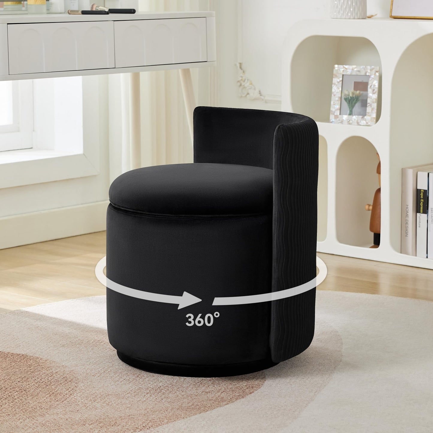 WUTUTUEE Velvet Vanity Chair with Storage, 360° Swivel Makeup Chair with Wave Back, No Assembly Small Accent Stool for Bedroom, Dressing, Living Room, Black