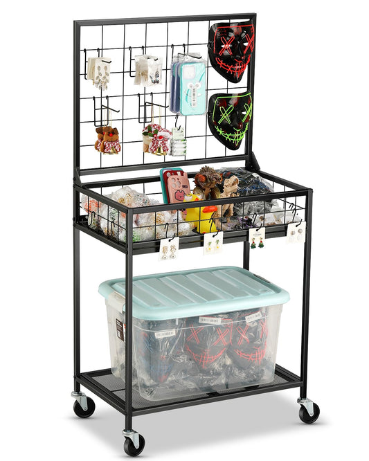 AHOWPD Grid Wall Panels Display Cart - Rolling Heavy Duty Metal Wire Grid Wall Display Stand Rack with 10 Hooks & 10 S Hooks for Craft Shows, Retail Art Fair and Flea Market (Black Cart, 1 pc)