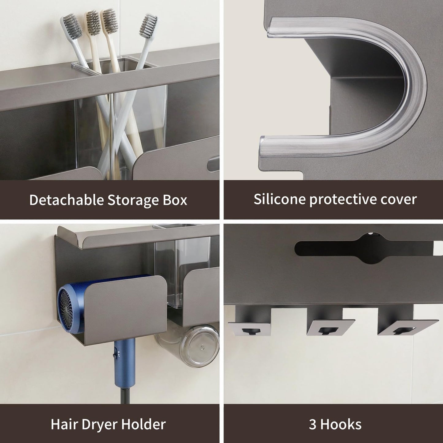 TIMBERHIDE Hair Dryer Holder with 3-Cup Rack-Multifunctional Wall Mounted Shelf for Bathroom,Organizes Toothbrush,Curling Iron,Straightener&Hair Tools,Rustproof (Gray)