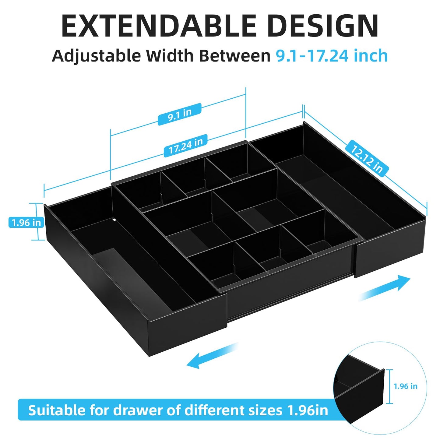 Marbrasse Expandable Desk Drawer Organizer, Clear Plastic Drawer Organizer Tray with 10 Adjustable Compartments, Desk Organizers and Accessories, 5 Drawer Dividers for Office Supplies, Makeup(Black)
