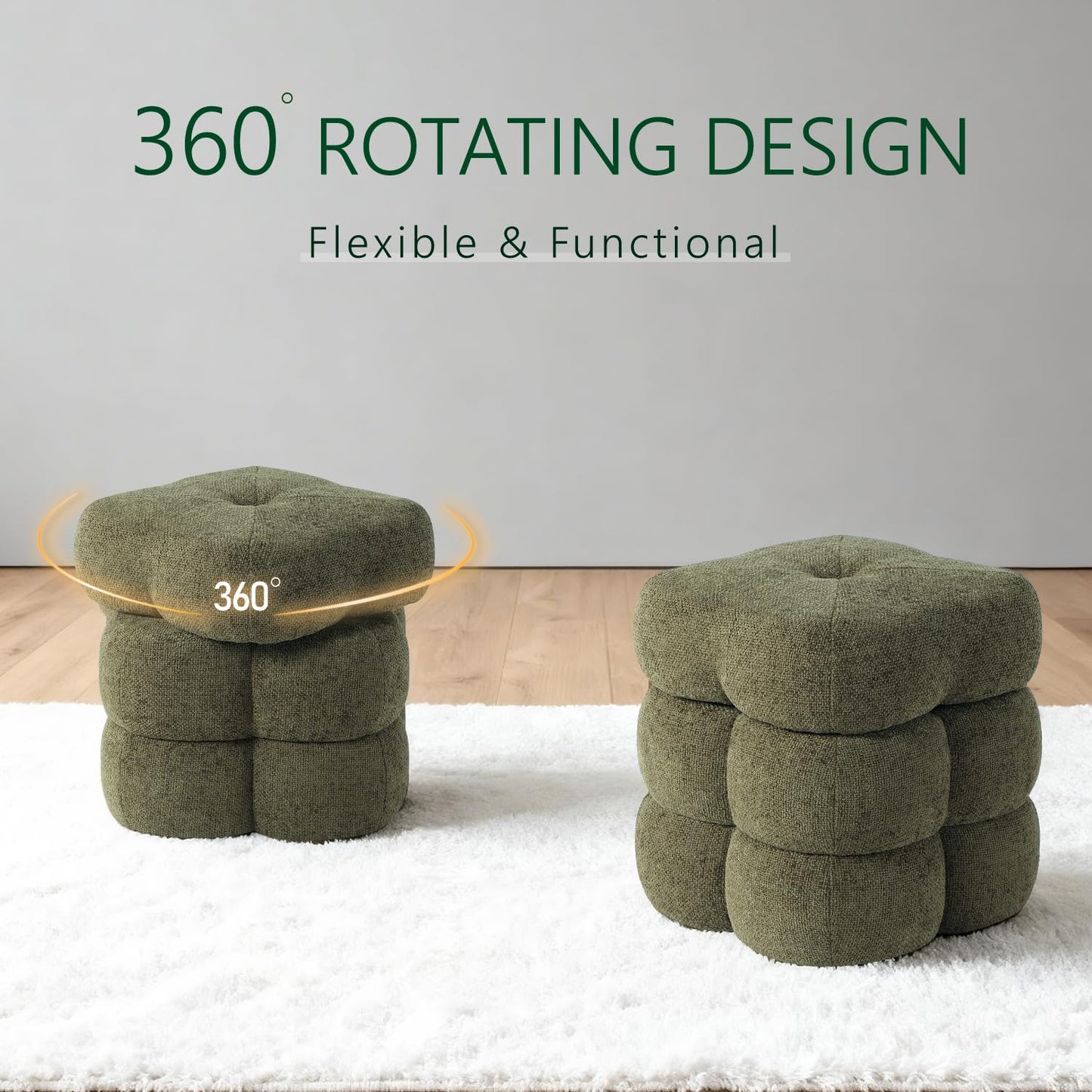 Get Set Style 360° Swivel Flower Ottoman, Linen Vanity Stool Footrest with 300LBS Capacity, No Assembly Small Space Accent Chair for Living Room Bedroom Entryway(Olive Green)