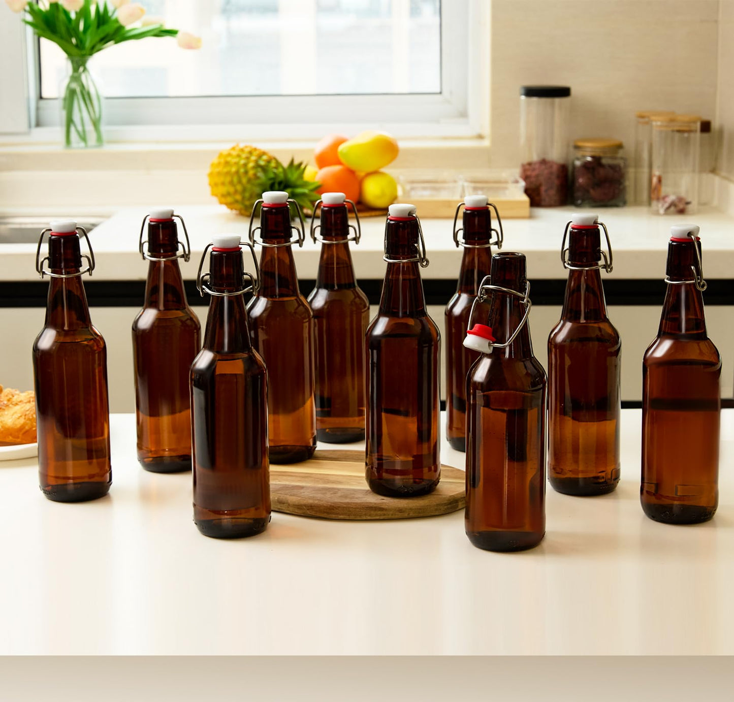 16.5oz Amber Beer Bottles with Flip Caps Set of 10, Swinging Top Glass Brewing Bottles with Airtight Lids for Vanilla Extract, Fermentation Kombucha, Beverage, Water, Kefir, Soda