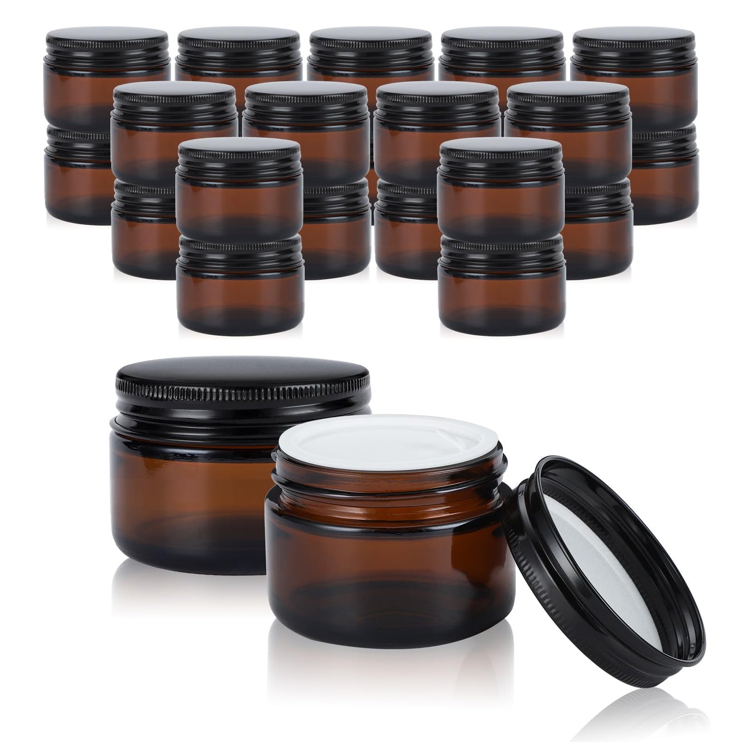 RAMFIYN 24 pack 5ml Amber Glass Cosmetic Jars with Black Metal Lids Empty Lip Balm Containers with Inner Liner Tiny Sample Jar with Label for Wax Salve Lotion
