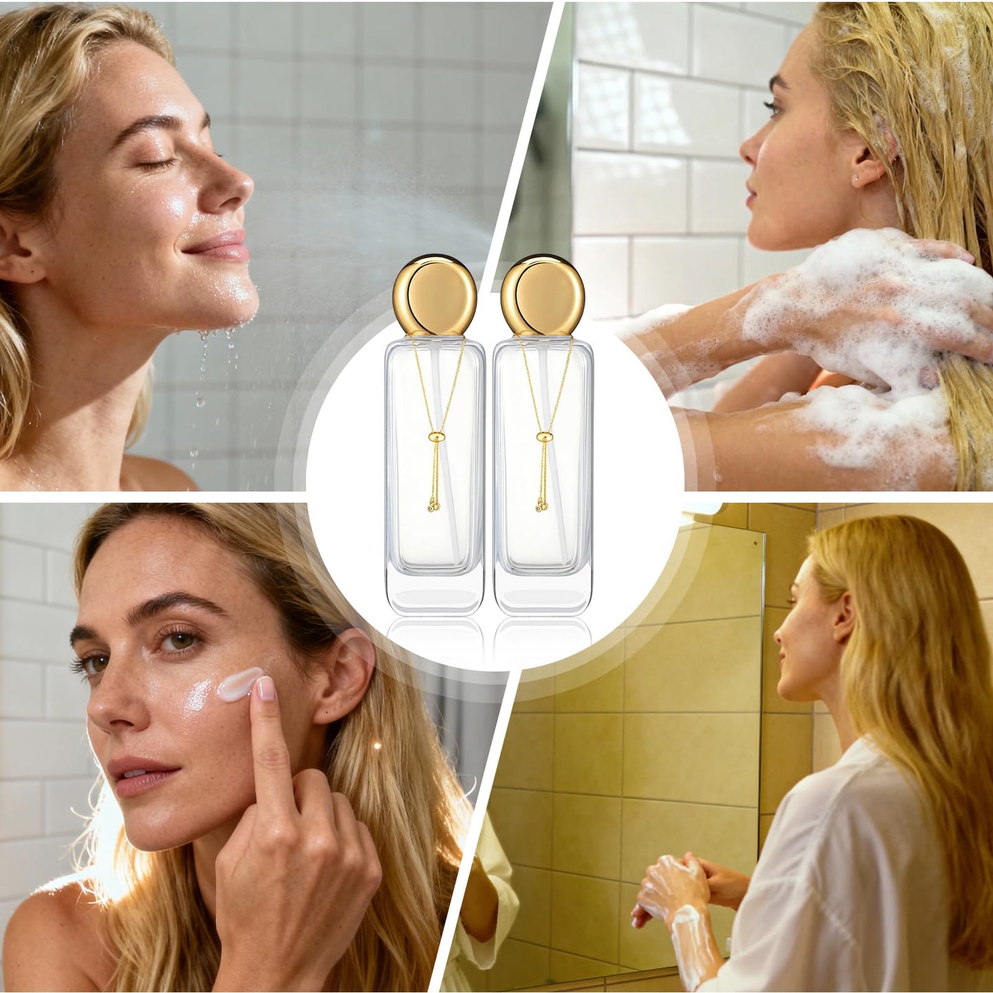 Gandeer 4 Pcs 4oz Luxury Glass Bottles with Pump Glass Toner Bottle with Gold Chain Perfume Spray Bottle Travel Lotion Vial with 2 Plastic Pump Head 2 Spray Head for Cosmetic Toner(Clear)