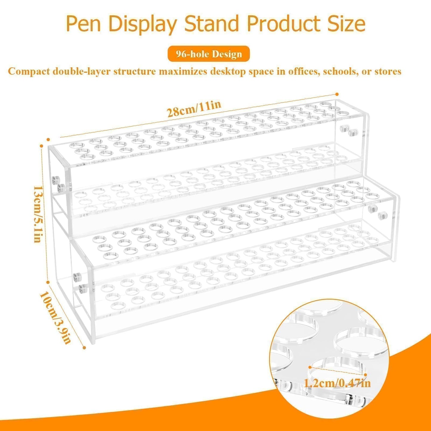96-Slots Acrylic Pen Holder,2-Tier Pen Display Stand for Craft Shows,12mm Beadable Pens Stand Paint Brush Holder Pencil Organizer Makeup Brush Rack Art Brush Organizer for School Classroom Supplies