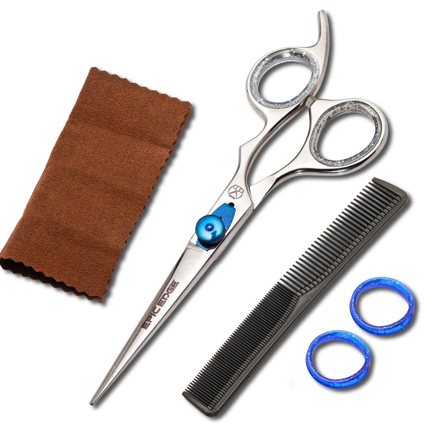 Hair Cutting Scissors – 6.5” Japanese Stainless Steel Professional Hair Scissors for Men and Women with Blue Tension Screw, Comb, Finger Rings, Cloth – Hair Shears for Man Woman Adults Kids Babies
