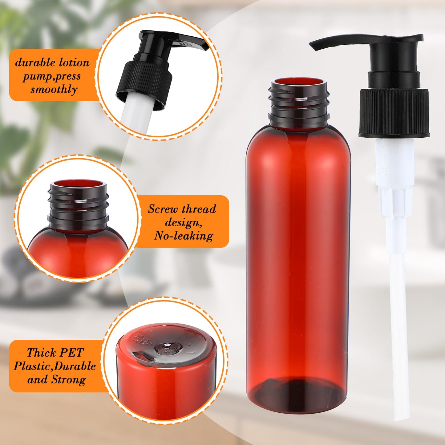 Nuenen 48 Pcs Refillable Empty Lotion Bottles 4oz/120ml Plastic Pump Bottles Conditioner Shampoo Dispenser Leak Proof Pump Container for Body Wash, Creams, Liquid Soap(Black and Brown)