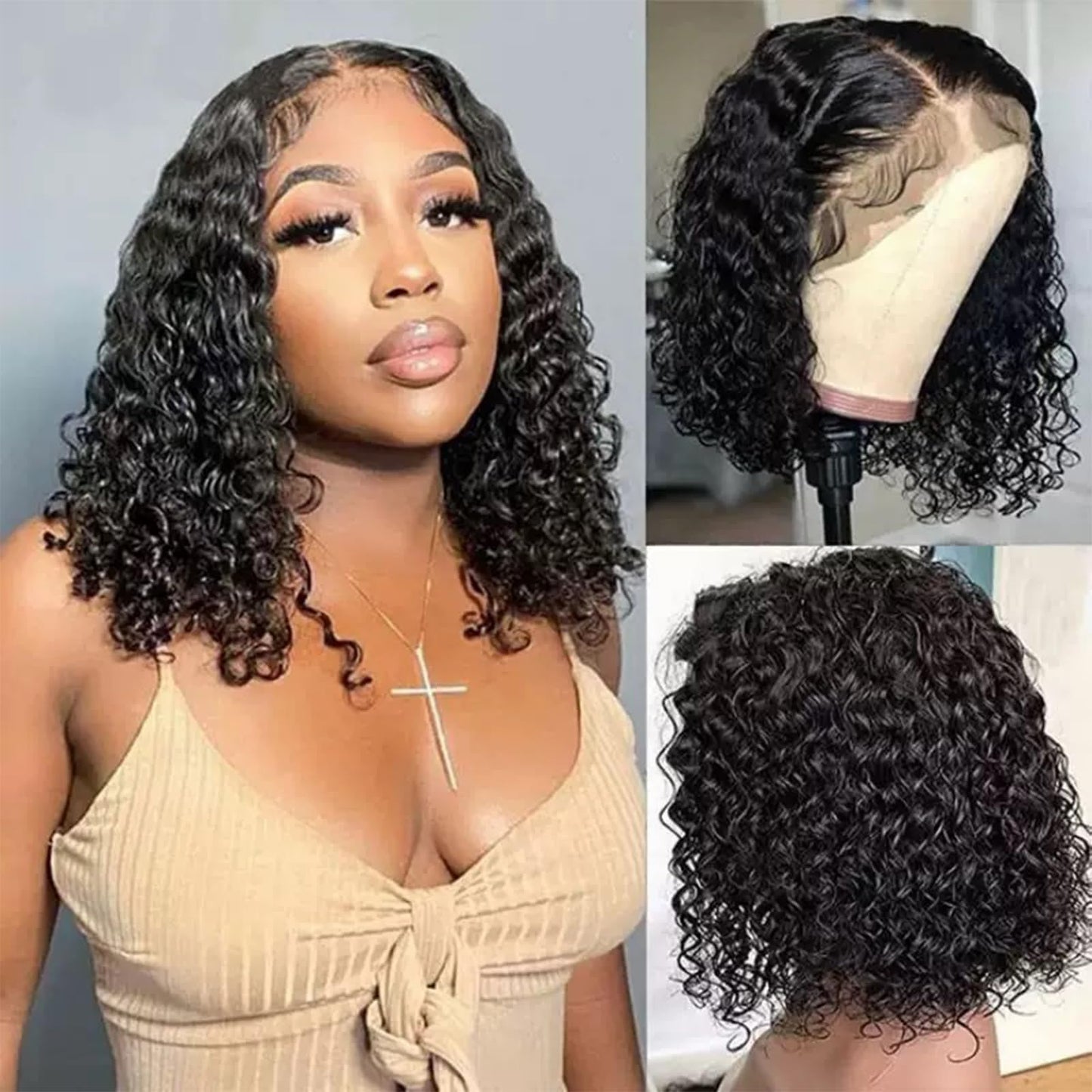 XIROM UN 14 Inch Short Bob Wigs 13x4 Deep Wave Bob Wig 180% Density Deep Curly Wavy Glueless Transparent Lace Frontal Wig