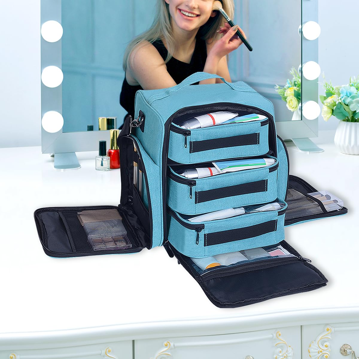 BODMZUANHO Large Makeup Bag Organizer with 3 Inner Removable Pouches,Green