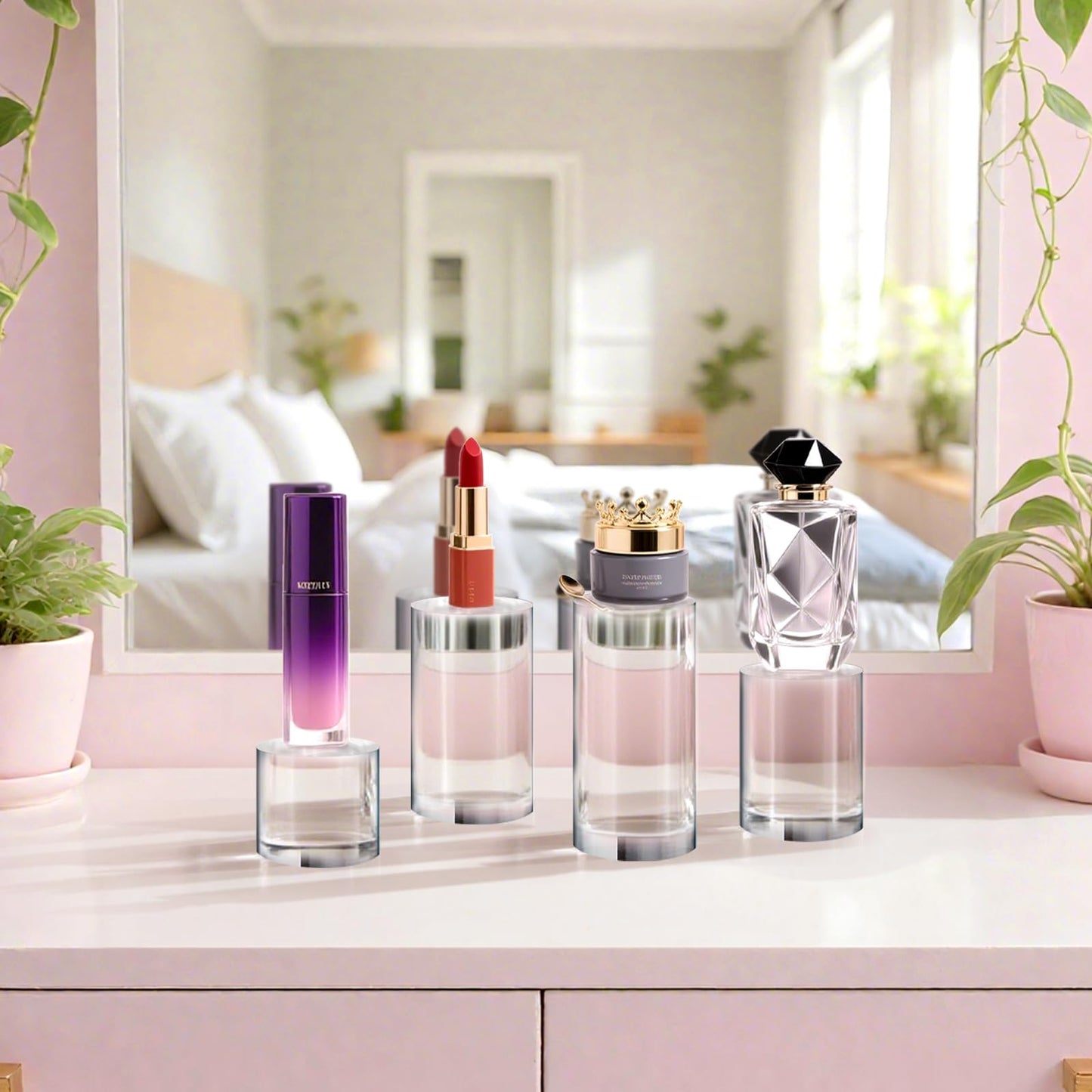 Hacaroa 4 Pcs Acrylic Cylinder Risers Display Stand, Clear Polished Round Display Blocks Transparent Photo Props, Mini Solid Pedestal Base for Jewelry, Perfumes, Figurines, 4 Sizes