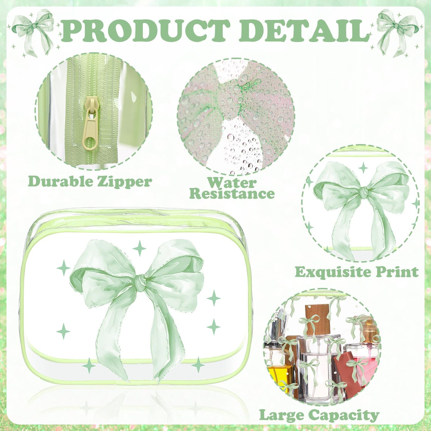 Kacctyen 10 Pcs Sage Green Bow Makeup Bags Bulk Gifts for Girl Women Birthday Party Favors Coquette Pastel Bow PVC Clear Cosmetic Bags Waterproof Travel Toiletry Pouch for Party Favors