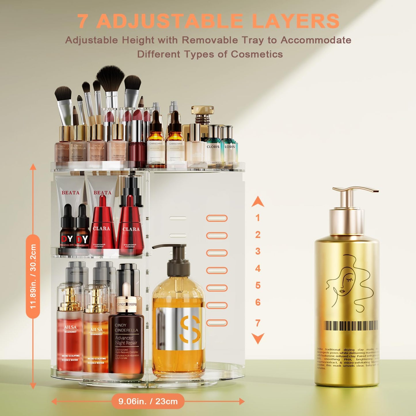 Auxmir Rotating Makeup Organizer, DIY 7 Adjustable Layers Spinning Skincare Organizer, Bathroom Organizer with Brush Holder Perfume Tray, Multi-Function Storage Carousel for Vanity Bathroom Countertop