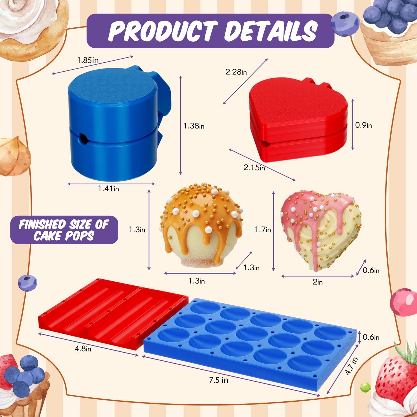Yiyiring 2 Pack Round and Heart Cake Pop Mold Press Set with Display Stand-capable Tray, Circle Cake Pop Cutter and Pusher, Baking Tools Accessories for Home Baking, Parties, Wedding Desserts