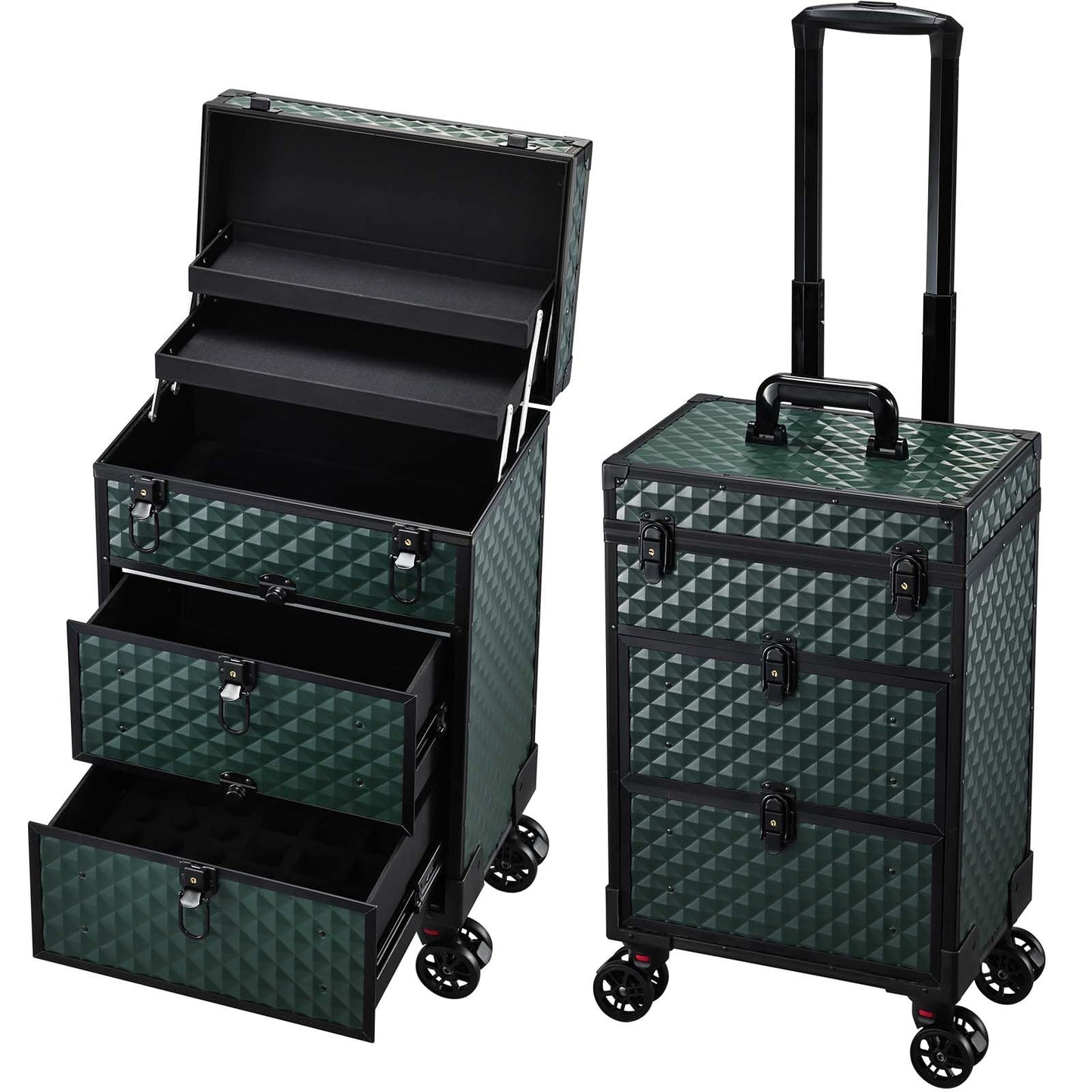 Yueieoun Rolling Makeup Train Case with Wheels 2 Large Drawers Nail Organizer Case Cosmetic Train Cases Traveling Cosmetology Case on Wheels Tattoo Carrying Case Makeup Carts Dark Green