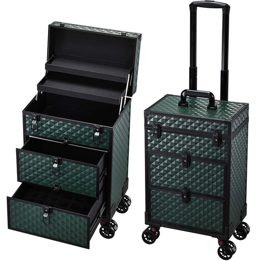 Yueieoun Rolling Makeup Train Case with Wheels 2 Large Drawers Nail Organizer Case Cosmetic Train Cases Traveling Cosmetology Case on Wheels Tattoo Carrying Case Makeup Carts Dark Green