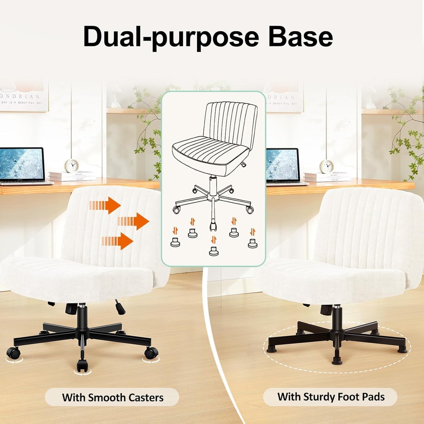 TUKAKA Criss Cross Chair with Wheels,Thick Padded Fabric Cross Legged Office Desk Chair with Pocket Spring Cushion,Dual-Purpose Base,Wide Adjustable Computer Home Office Vanity Chair,Cream White