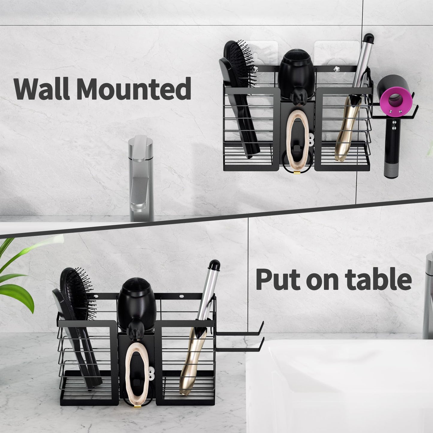 FUNKYLEE Hair Tool Organizer Hair Dryer Holder, 3 in 1 Metal Bathroom Blow Dryer Organizer Wall Mount for Flat Iron, Curling Iron, Straightener, Styling Tools Storage and Organizer (Black)-2pcs
