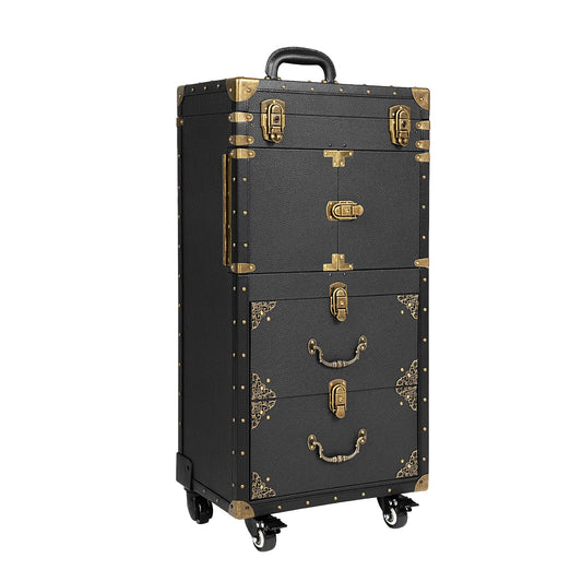 Fichiouy Large Rolling Hairdressing Case with Combination Lock & Key,Mobile Beauty Salon Storage Organizer Cart for Professional Stylists,Vintage Makeup Train Case for Travel