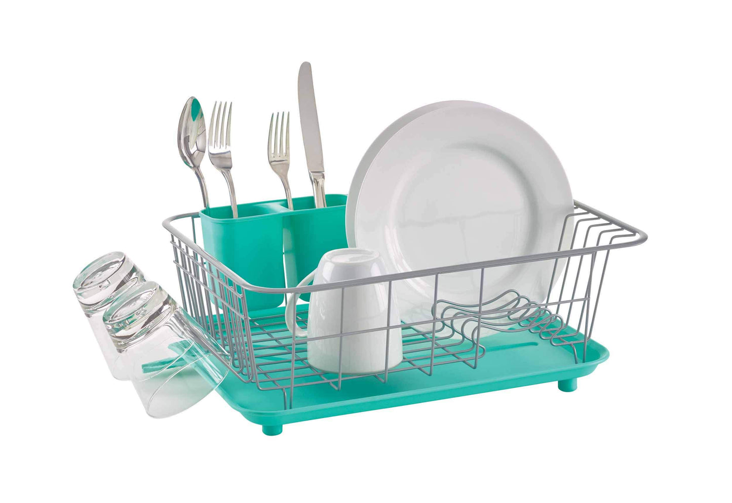 Farberware Compact Dish Drying Rack with Drainboard, Flatware Caddy and Sink Brush, Teal - Holds 9 Plates, Fits Small Kitchens, Apartments and Dorms